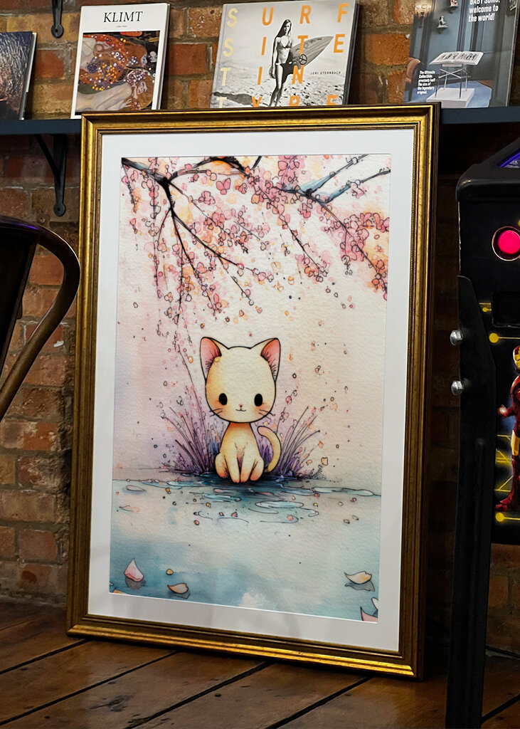 Akvarell macska a virágok között