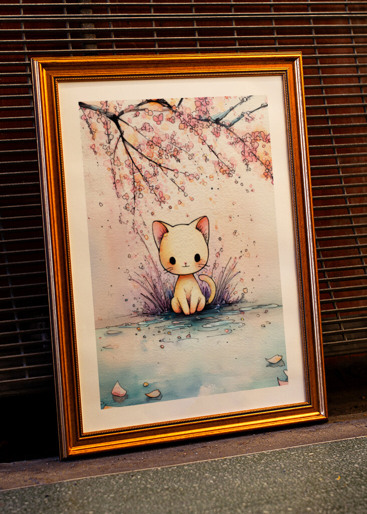 Akvarell macska a virágok között