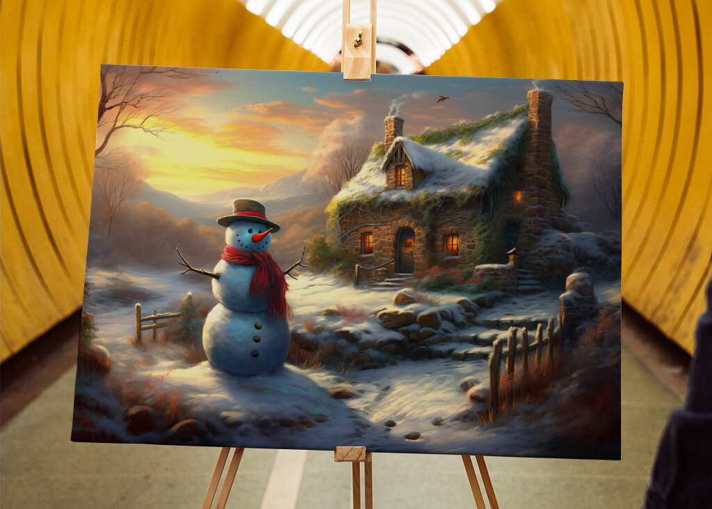 Snowman by Winter Cottage