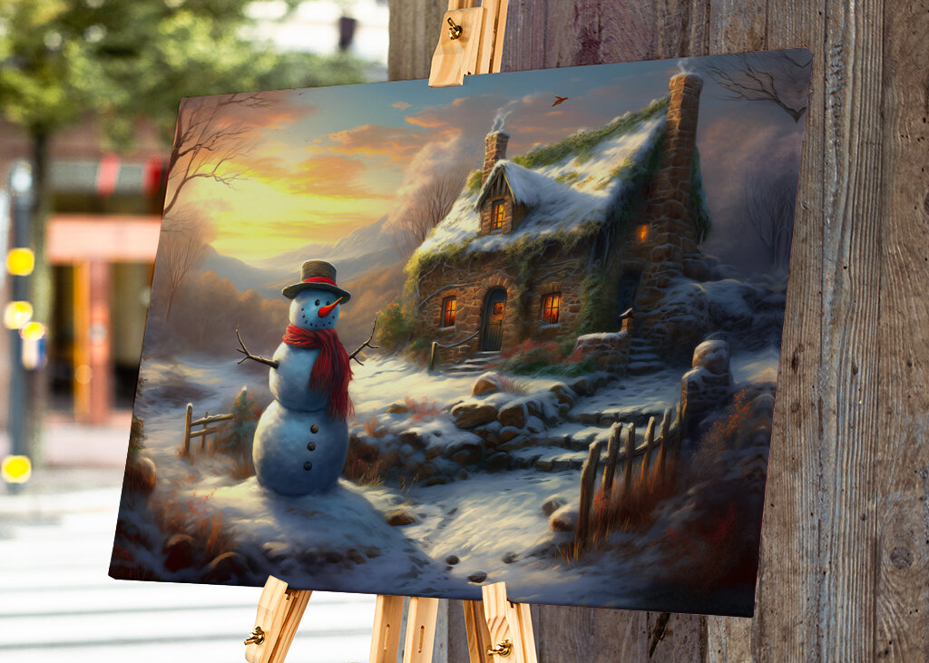 Snowman by Winter Cottage