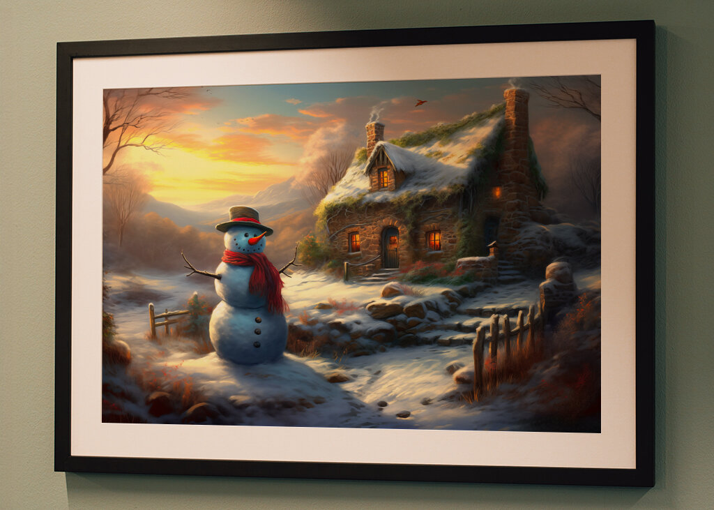 Snowman by Winter Cottage