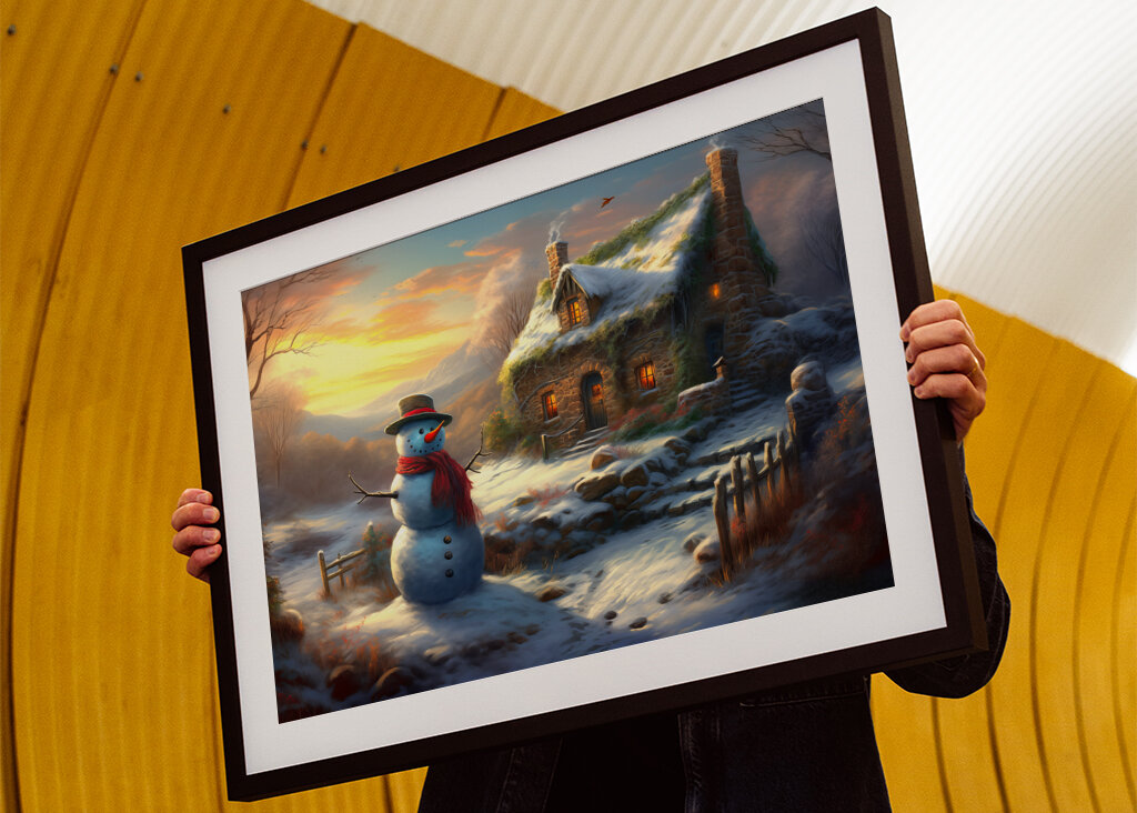 Snowman by Winter Cottage