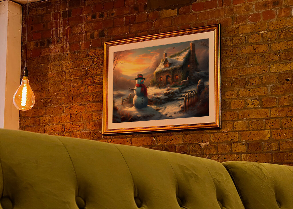 Snowman by Winter Cottage