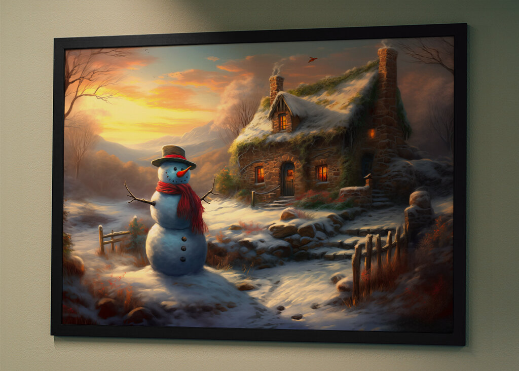 Snowman by Winter Cottage