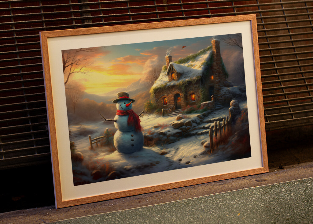 Snowman by Winter Cottage