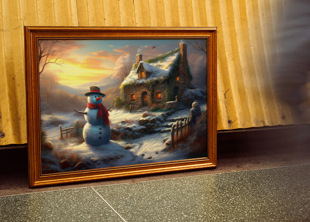 Snowman by Winter Cottage