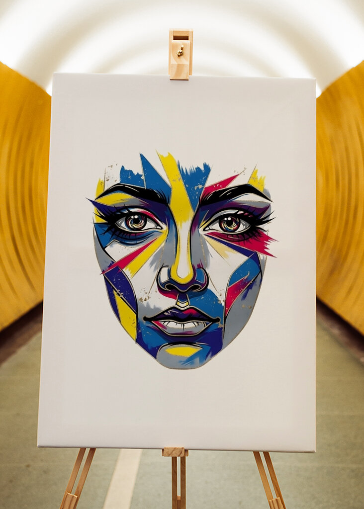 Abstrakt ansigtskunstvibration – fed moderne vægdekoration til stilfuldt interiør