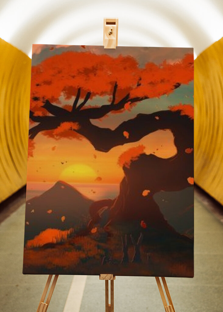 Vrolijke zonsondergang onder de rode boom