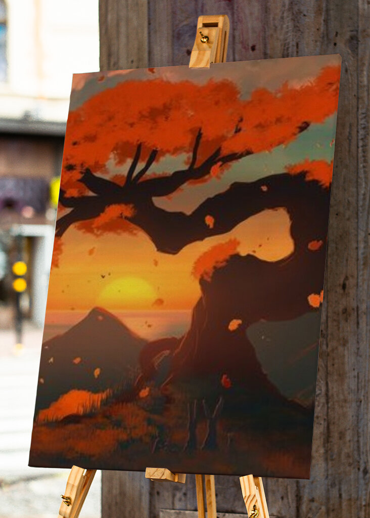 Vrolijke zonsondergang onder de rode boom