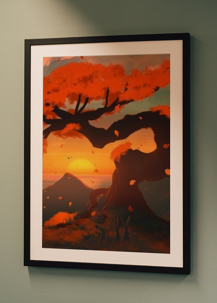 Vrolijke zonsondergang onder de rode boom