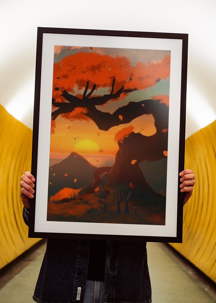 Vrolijke zonsondergang onder de rode boom