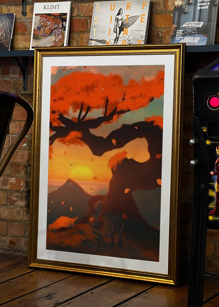 Vrolijke zonsondergang onder de rode boom