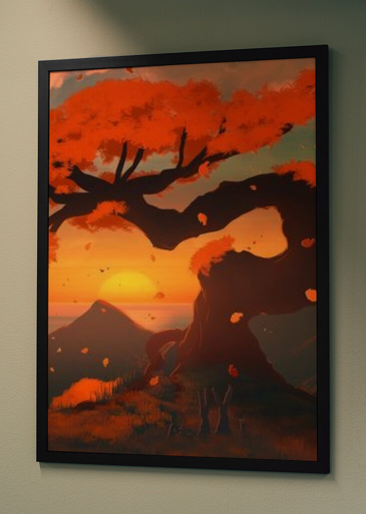 Vrolijke zonsondergang onder de rode boom