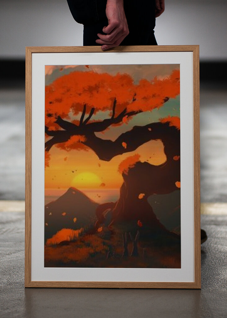 Vrolijke zonsondergang onder de rode boom