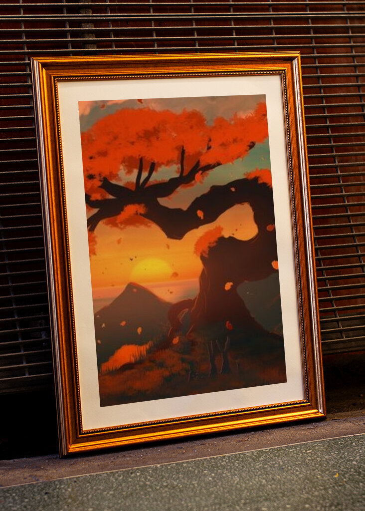 Vrolijke zonsondergang onder de rode boom