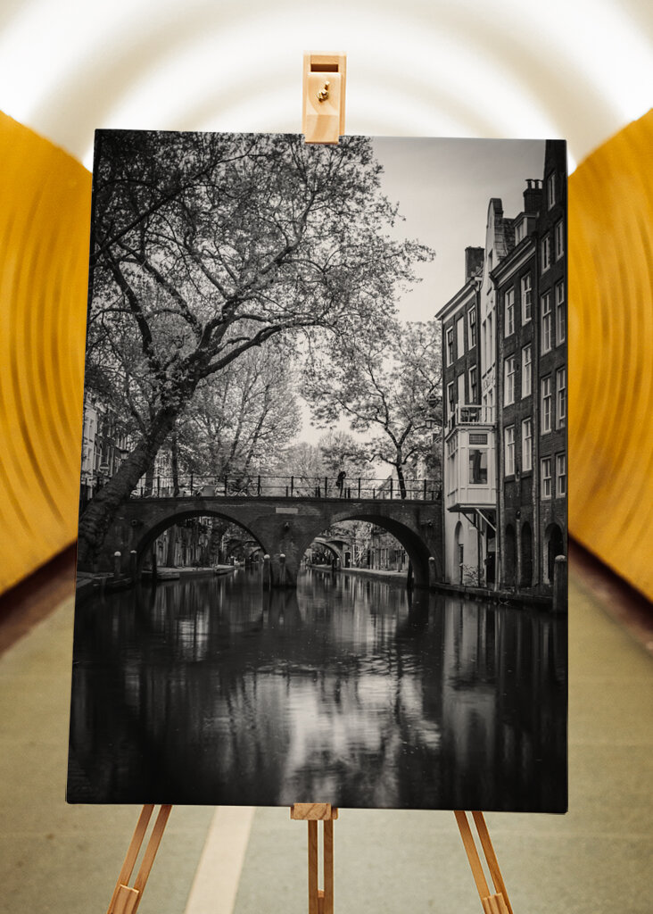 Serene Reflections: A Black and White View of Utrecht Canals