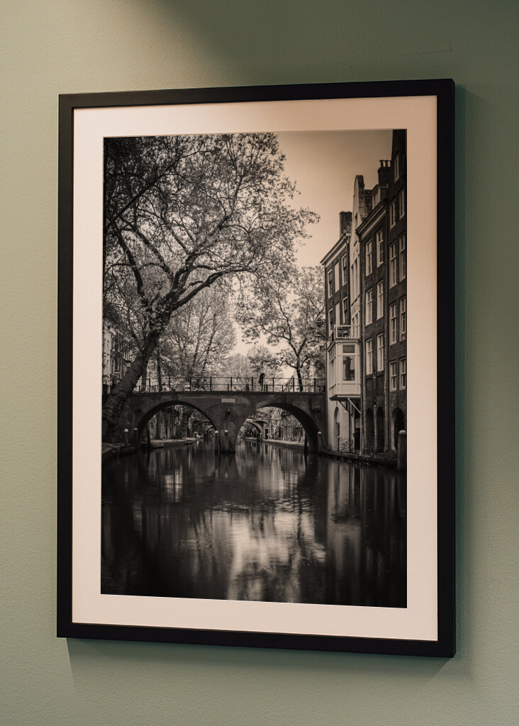 Serene Reflections: A Black and White View of Utrecht Canals