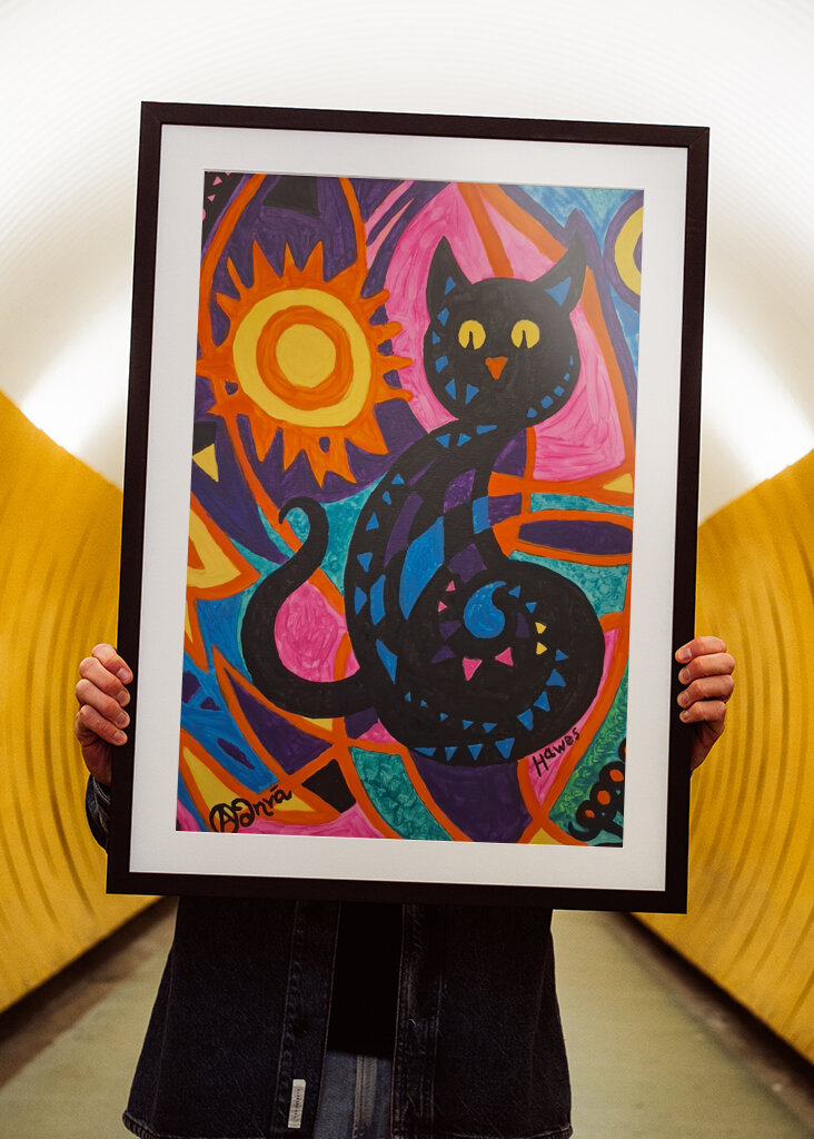 Whimsical Feline in a Colorful Abstract World