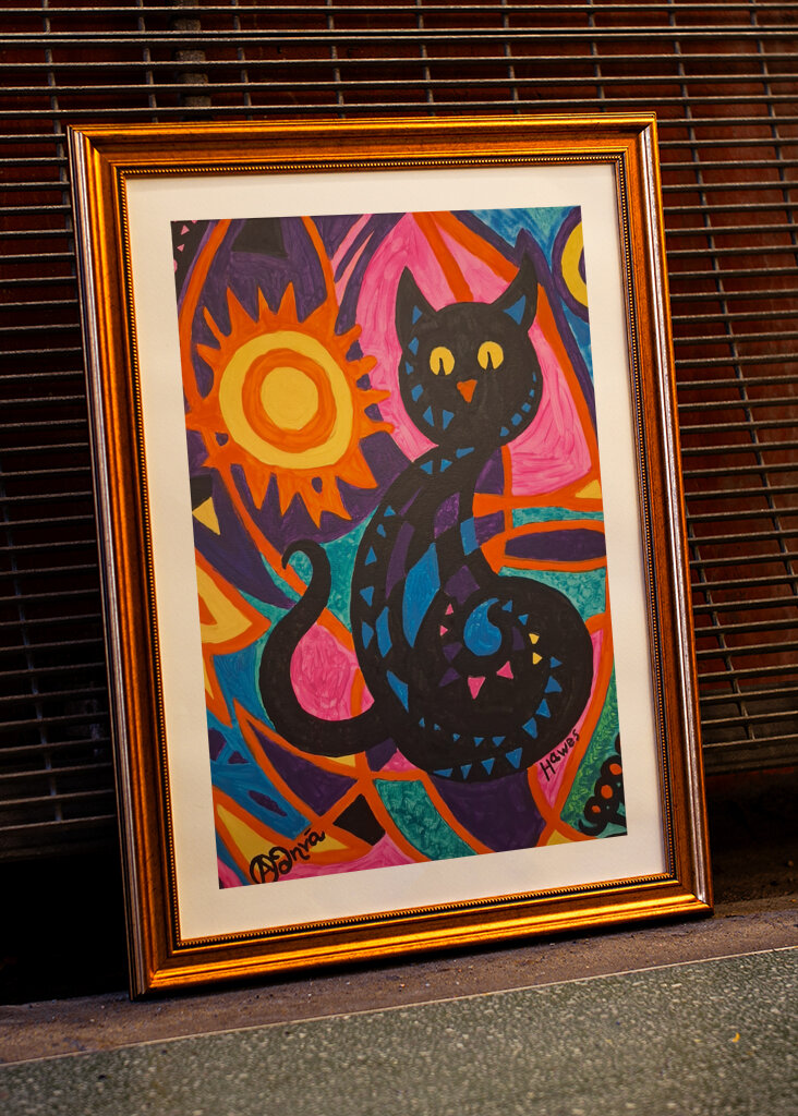 Whimsical Feline in a Colorful Abstract World