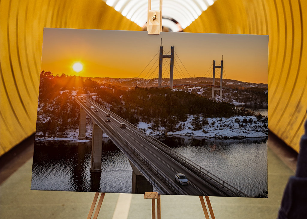 Západ slunce nad mosty Tjörn