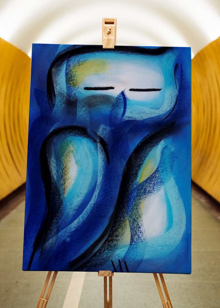 Blaue Eule - Pastellkreidebild