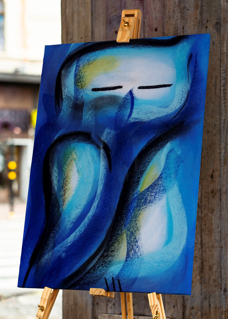 Blaue Eule - Pastellkreidebild