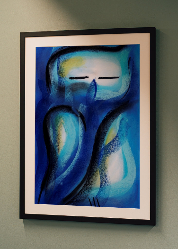 Blaue Eule - Pastellkreidebild