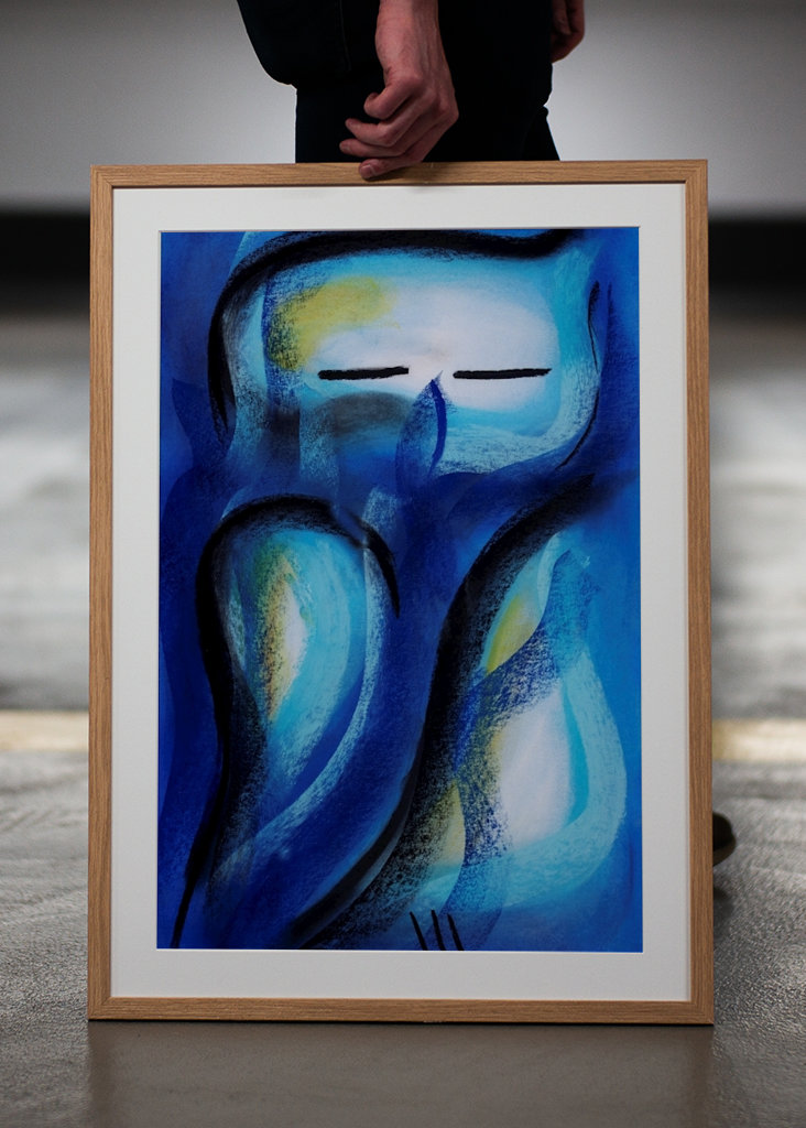 Blaue Eule - Pastellkreidebild