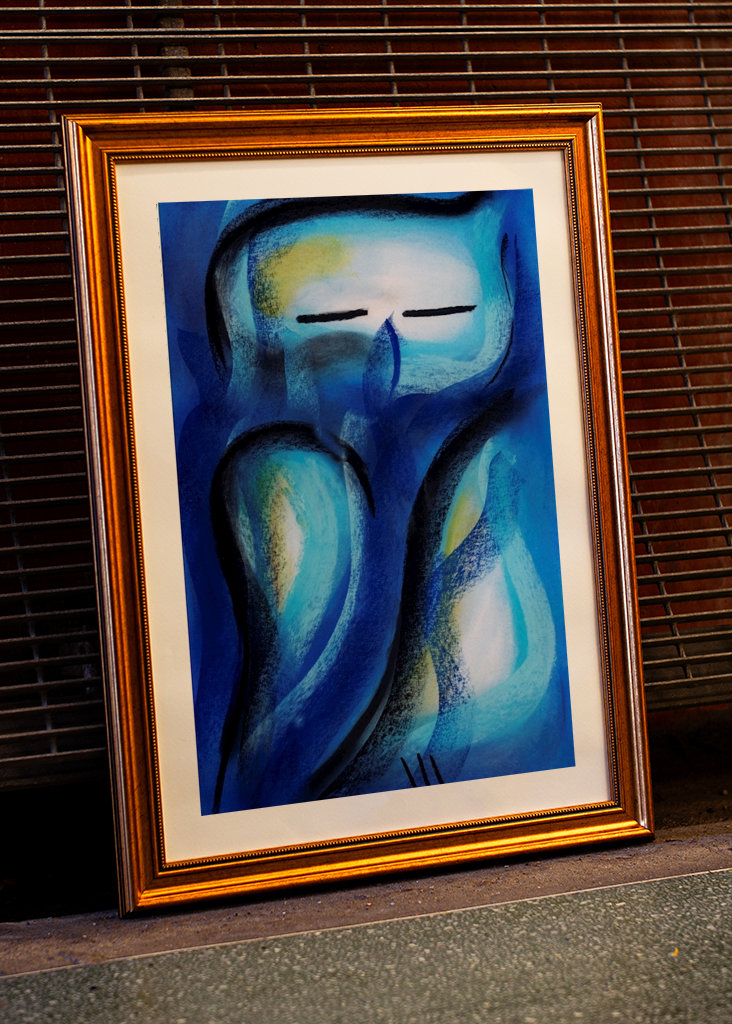 Blaue Eule - Pastellkreidebild