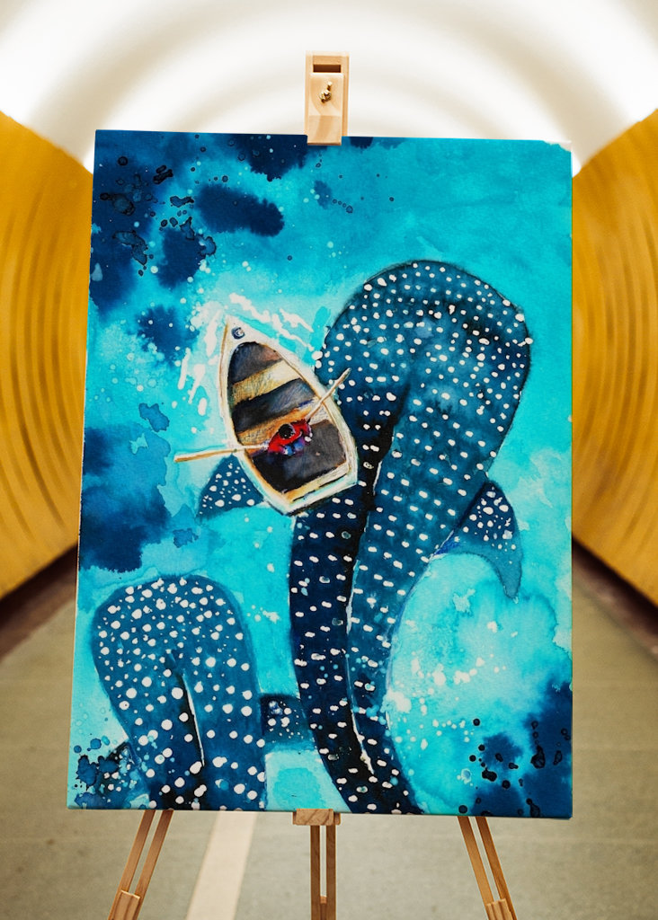 Rekiny wielorybie w akwareli oceanu 