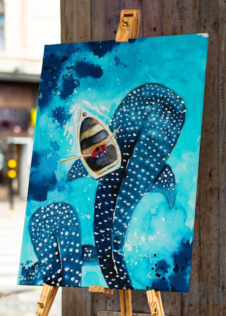 Rekiny wielorybie w akwareli oceanu 