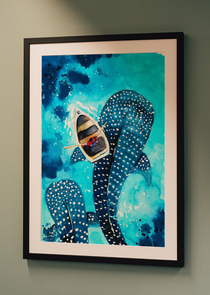 Rekiny wielorybie w akwareli oceanu 