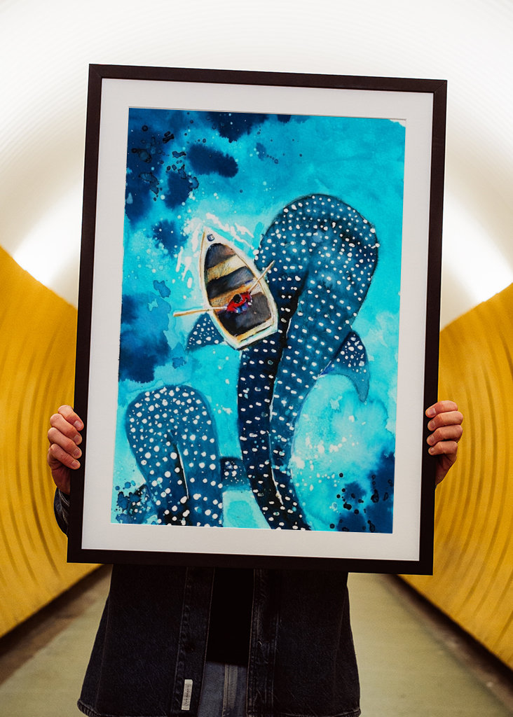 Rekiny wielorybie w akwareli oceanu 