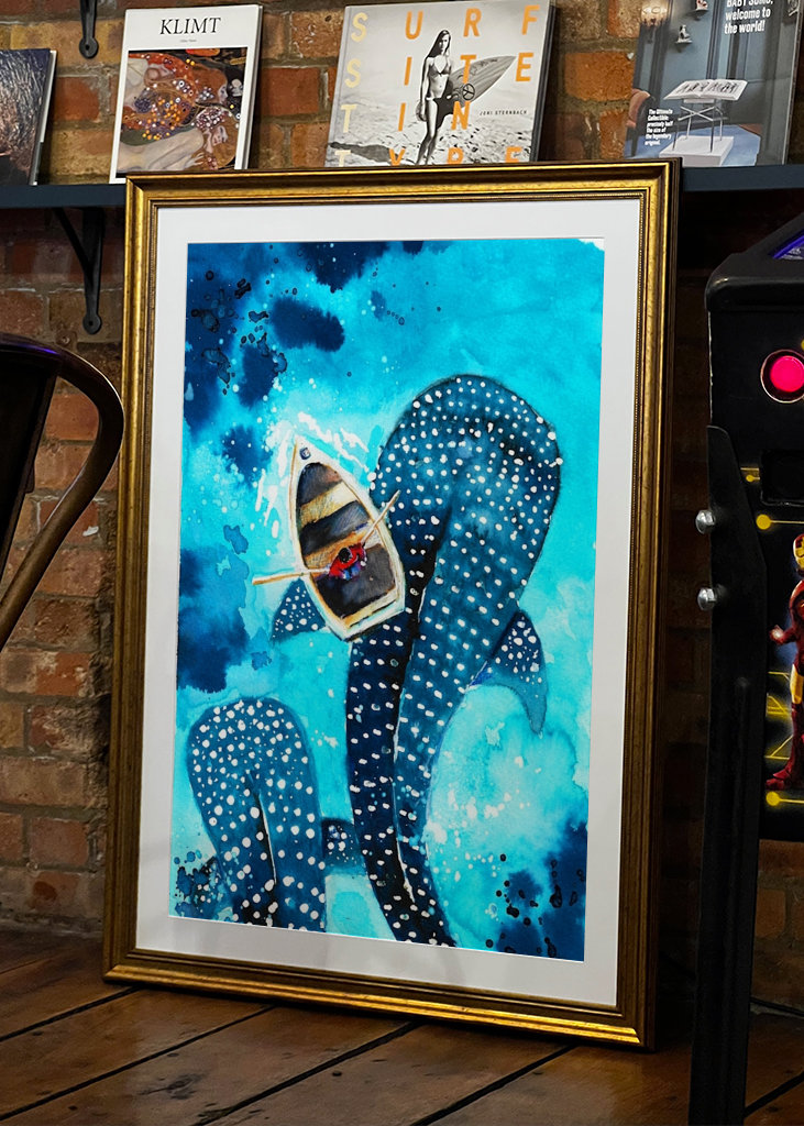 Rekiny wielorybie w akwareli oceanu 