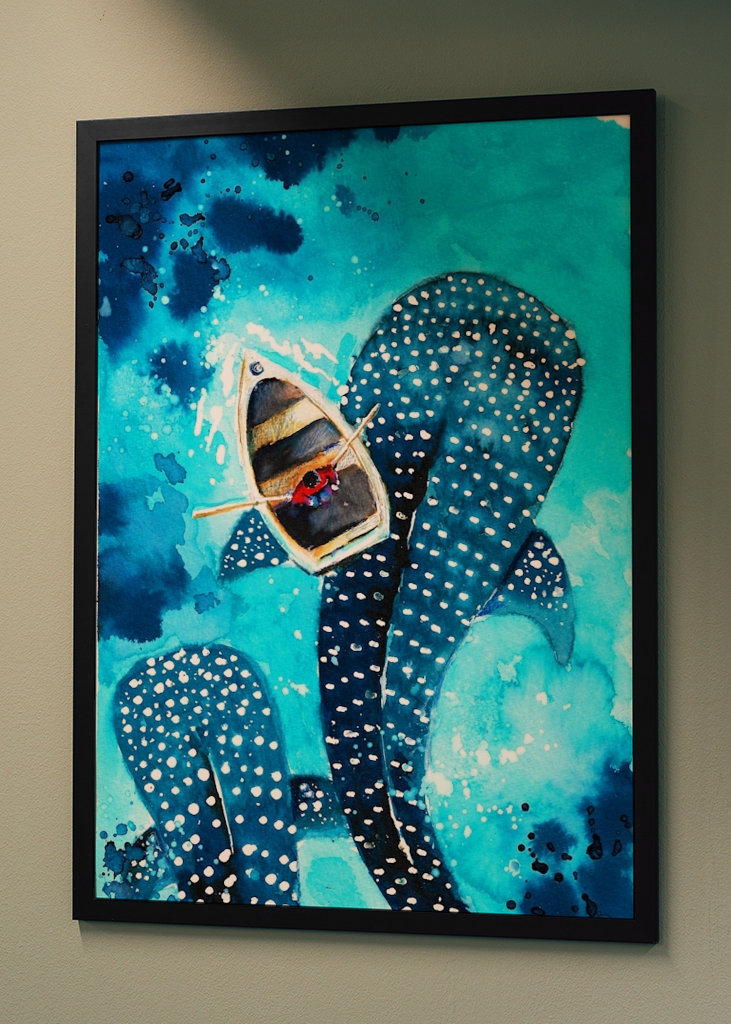 Rekiny wielorybie w akwareli oceanu 