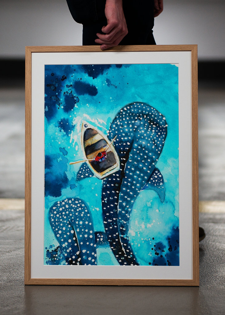 Rekiny wielorybie w akwareli oceanu 