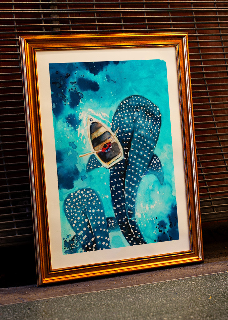 Rekiny wielorybie w akwareli oceanu 