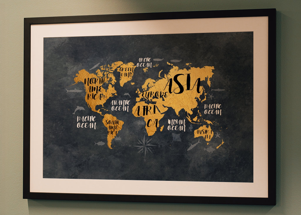 Svart och guld världskarta