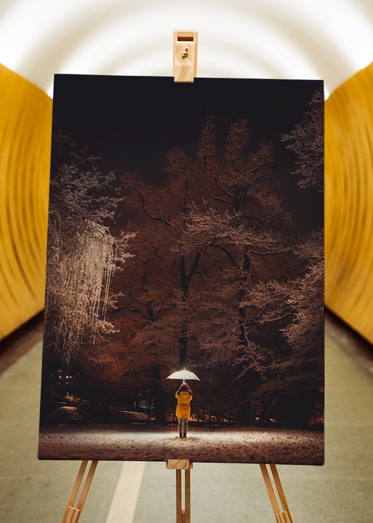 Fille avec parapluie en hiver